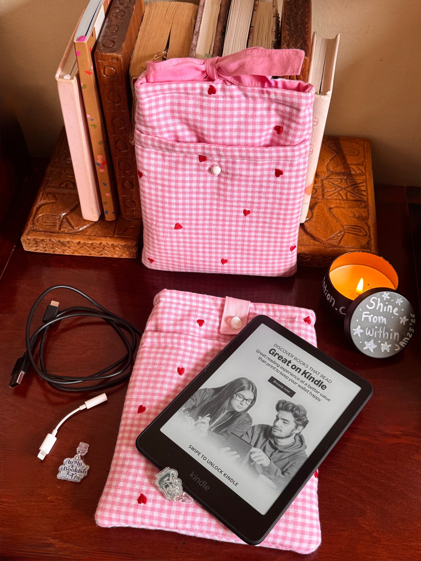 Cozy Hearts All-in-One Kindle Sleeve- (with front pocket)