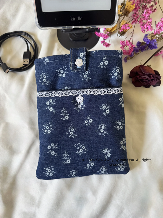 Classic Denim Ditsy Floral - Carry All Kindle Case with Front Pocket