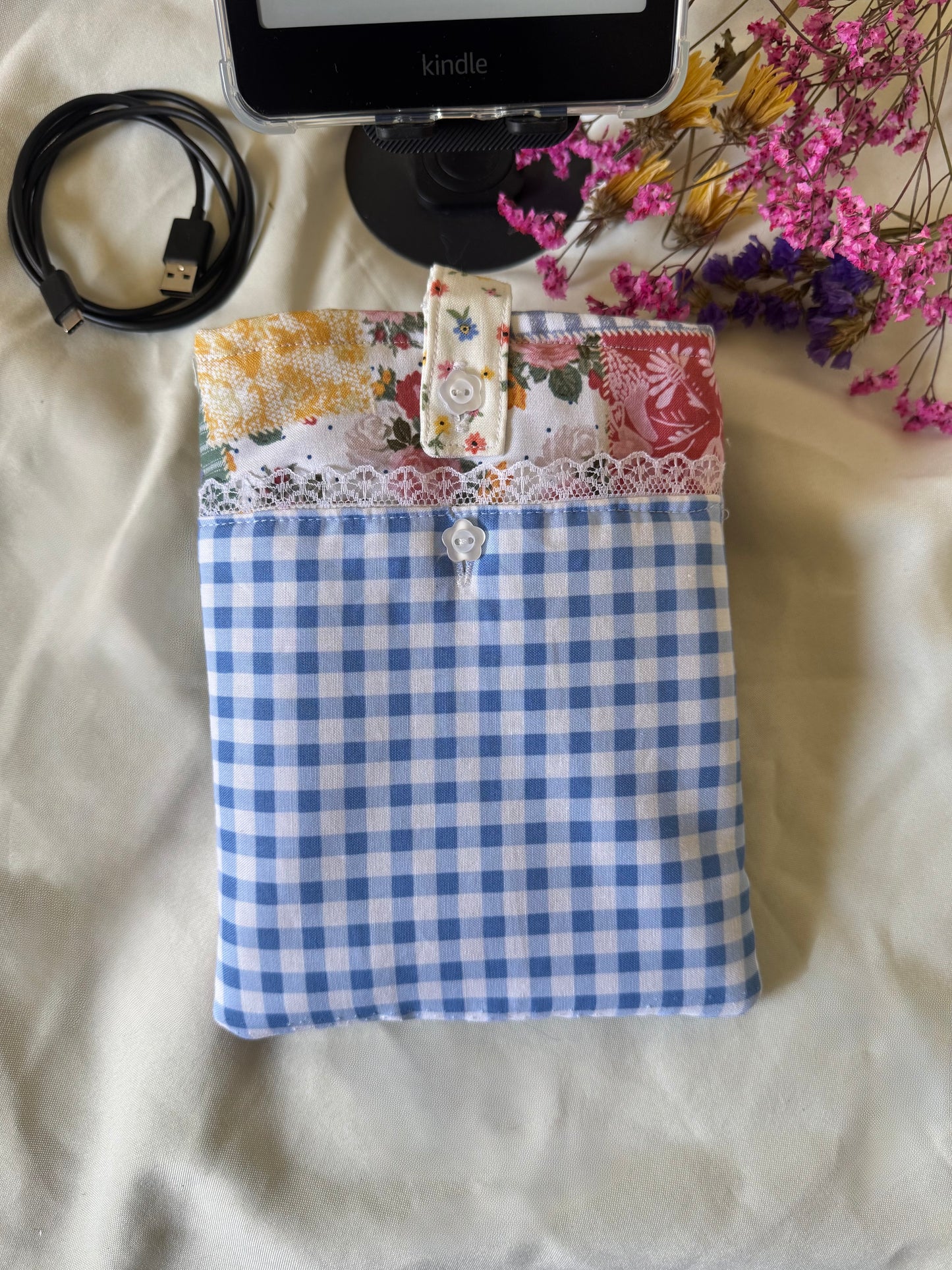 Blue Patchwork Garden All-in-One Kindle Sleeve with Front Pocket