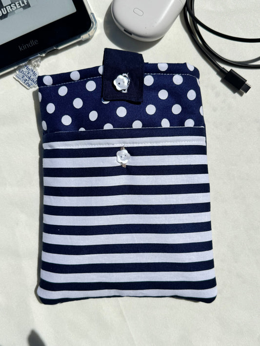 Blue & White Polka Dots Stripes Kindle Sleeve- (With front Pocket)
