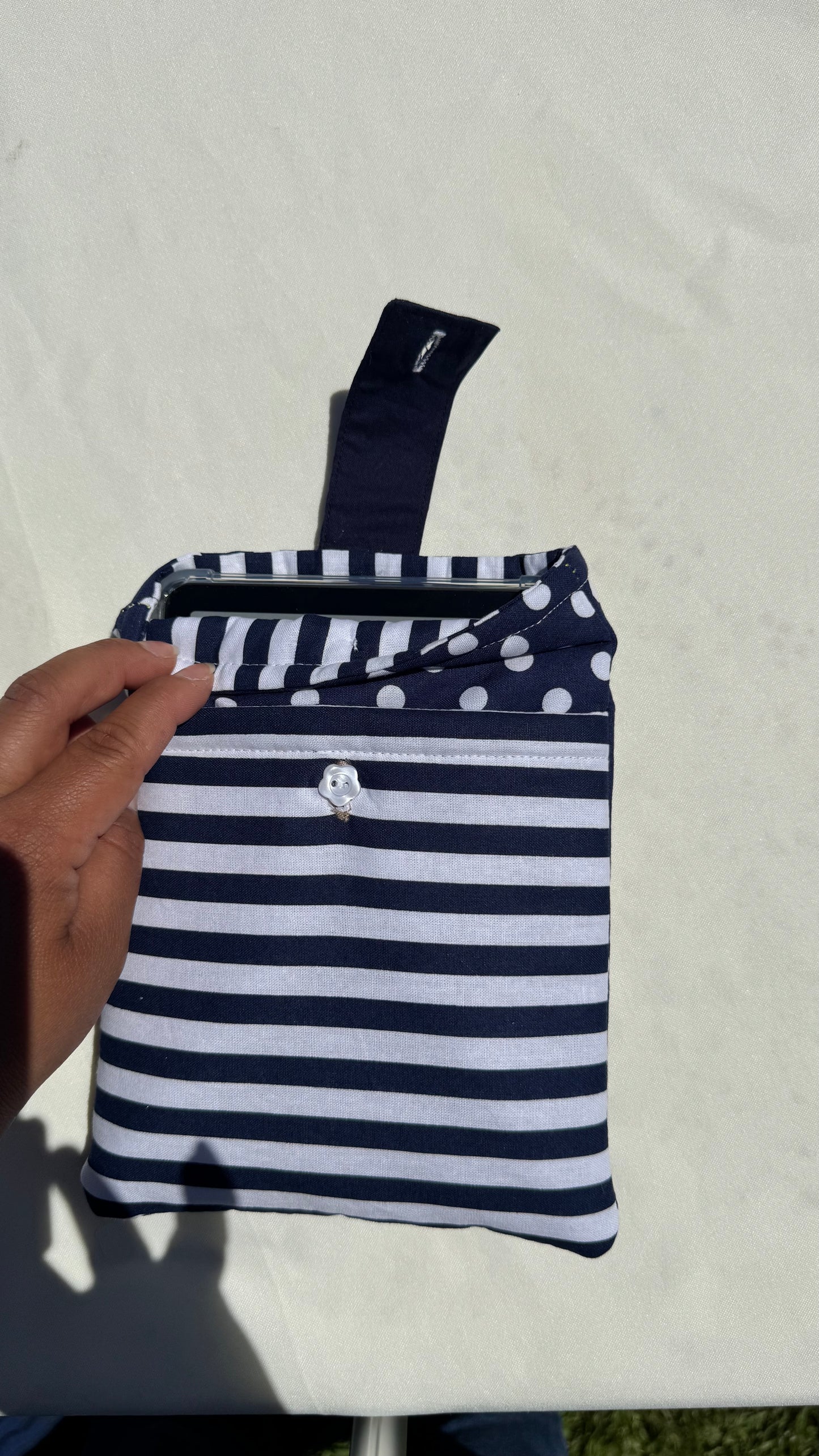 Blue & White Polka Dots Stripes Kindle Sleeve- (With front Pocket)