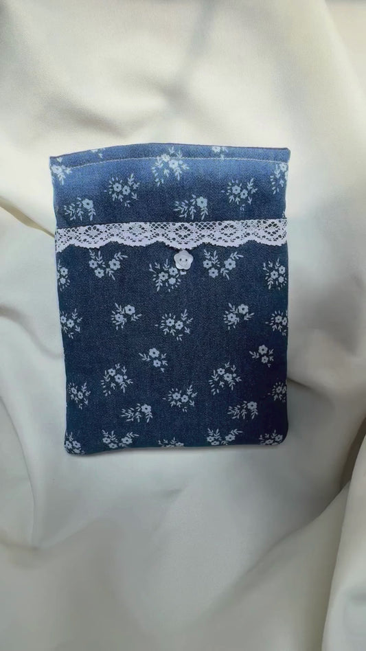 Blue Ditsy Floral Denim All-in-One Kindle Sleeve- (with front pocket)